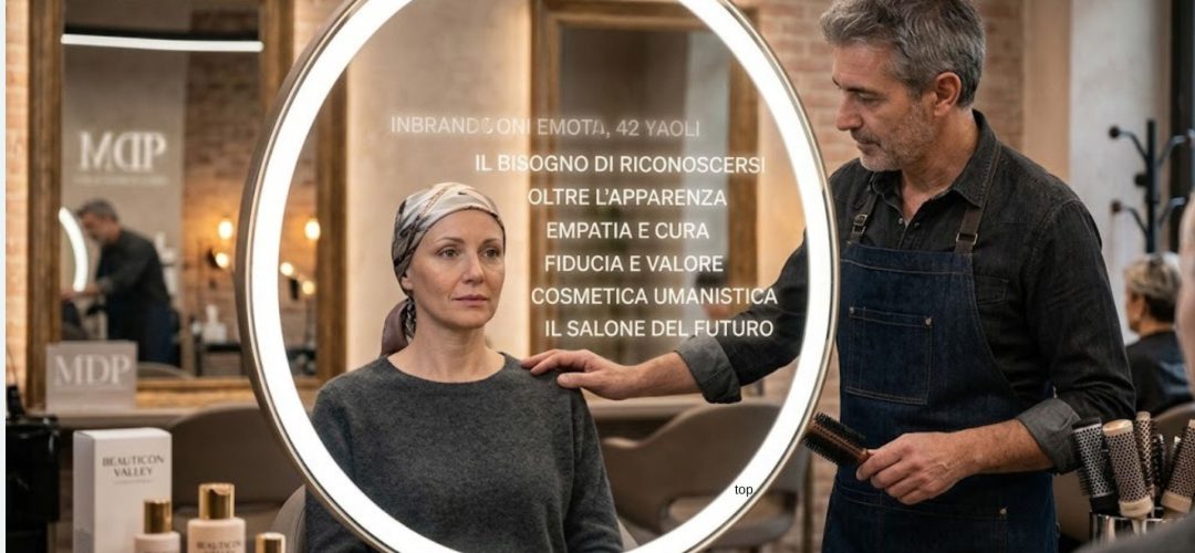 Un'immagine potente che cattura un momento di empatia in un salone di bellezza moderno. Una cliente, con un foulard in testa a causa della chemioterapia, guarda con intensità il suo riflesso in uno specchio rotondo e luminoso. Al suo fianco, un parrucchiere esperto e sensibile le posa delicatamente una mano sulla spalla, offrendo supporto e comprensione. Lo specchio riflette i temi centrali della Cosmetica Umanistica, come "IL BISOGNO DI RICONOSCERSI", "OLTRE L'APPARENZA" ed "EMPATIA E CURA". La scena, iper-realistica e con un'atmosfera calda, mostra sullo sfondo specchi incorniciati, luci d'atmosfera e flaconi di prodotti BEAUTICON VALLEY, trasmettendo un profondo senso di intimità e trasformazione interiore.