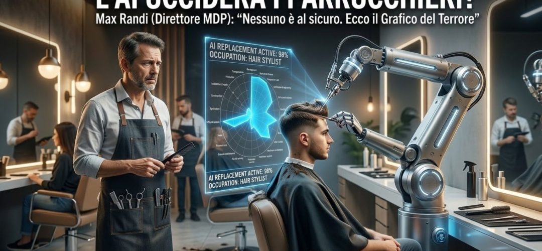 Immagine di un salone di barbiere con un braccio robotico che taglia i capelli a un cliente. Un parrucchiere preoccupato osserva un ologramma che segna il '98% AI Replacement Active' per la professione di parrucchiere. In alto è presente il testo italiano 'L'AI UCCIDERÀ I PARRUCCHIERI?'.