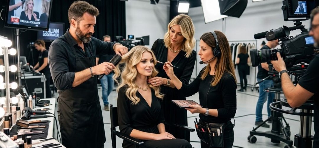 Parrucchiere, truccatrice e stylist che preparano il total look di una modella in uno studio televisivo davanti alle telecamere.