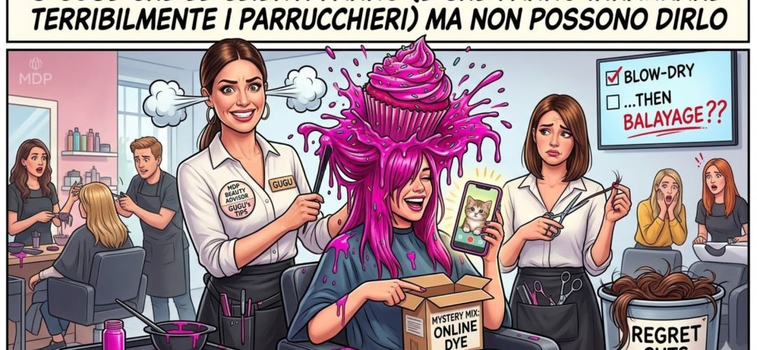 Un'illustrazione satirica a fumetti che mostra un parrucchiere frustrato circondato da cinque vignette comiche dei comportamenti irritanti delle clienti. In alto il testo: "5 COSE CHE LE CLIENTI FANNO (E CHE FANNO INKASSARE TERRIBILMENTE I PARRUCCHIERI) MA NON POSSONO DIRLO". Le vignette mostrano situazioni come l'uso di tinture online "fai da te" estreme, richieste dell'ultimo minuto e l'uso eccessivo del telefono durante il servizio.