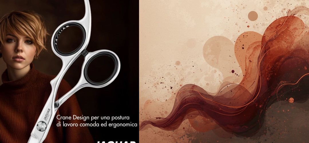 Forbici professionali Jaguar YARA in primo piano con modella dal taglio corto e grafica fluida astratta. Testo in sovrimpressione sul Crane Design ergonomico.