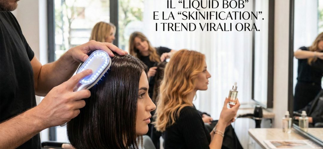 Modella cammina a Milano con taglio caschetto Liquid Bob colore Cashmere Brunette e trench beige