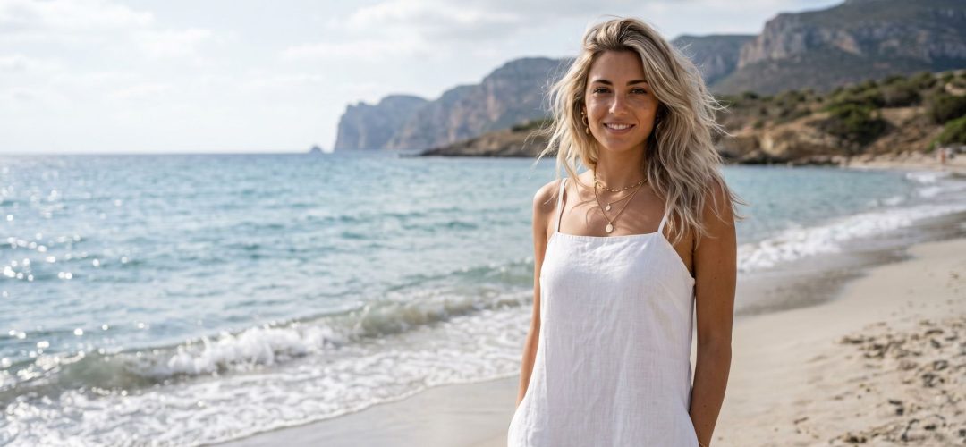 Una donna bionda sorridente in un abito di lino bianco su una spiaggia sabbiosa in riva al mare con scogliere sullo sfondo.
