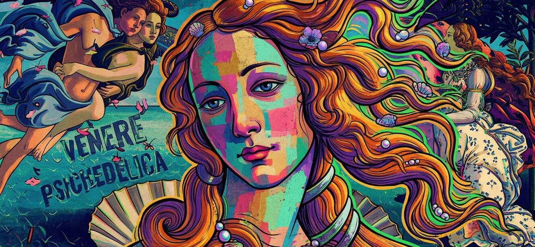 Illustrazione digitale della Nascita di Venere di Botticelli in stile psichedelico e pop art, con volto a blocchi di colori vivaci e la scritta Venere Psichedelica.