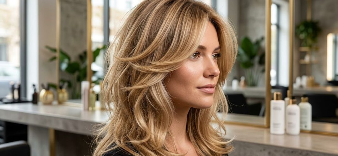 Ritratto in tre quarti di una giovane donna con un taglio Halo Layers biondo miele, mosso e voluminoso. Guarda verso destra. L'ambientazione è un salone di parrucchieri moderno e luminoso con specchi dalla cornice dorata, piante verdi e prodotti professionali esposti su un bancone di cemento in background. L'illuminazione è calda e diffusa.