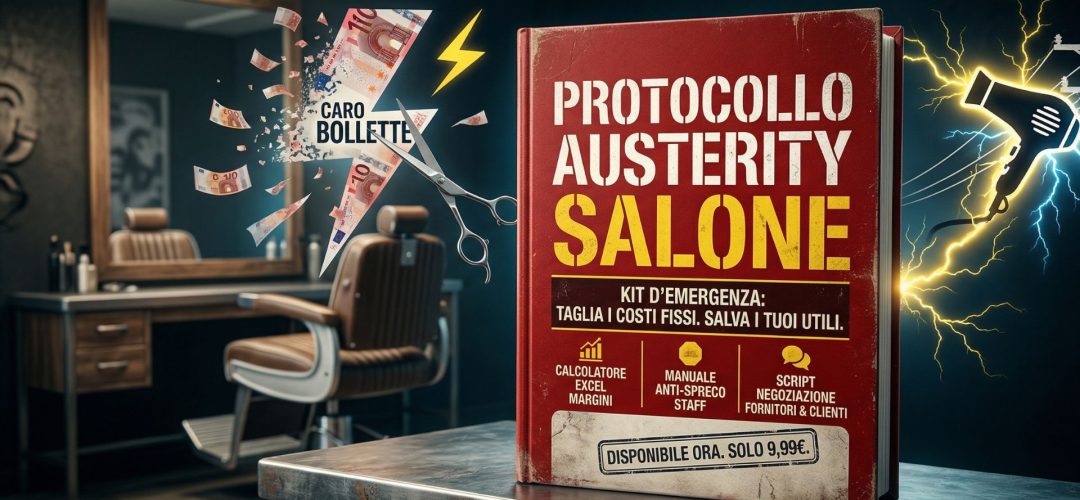 Un'immagine fotografica dettagliata di una copertina di manuale tattile e invecchiata, intitolata in modo deciso 'PROTOCOLLO AUSTERITY SALONE' in lettere rosse e oro, presentata come un 'KIT D'EMERGENZA' per tagliare i costi fissi e salvare gli utili per i proprietari di saloni di acconciature. La guida include tre componenti chiave: un calcolatore di margini, un manuale anti-spreco per il personale e script di negoziazione. A sinistra, frammenti di banconote Euro sono tagliati da forbici e un fulmine giallo vicino a un cartello 'CARO BOLLETTE'. A destra, un'icona di asciugacapelli con scintille elettriche blu e gialle simboleggia lo spreco di energia. L'intera scena è ambientata in un salone di acconciature testurizzato e realistico, con uno stampo che indica la disponibilità immediata a soli 9,99€.