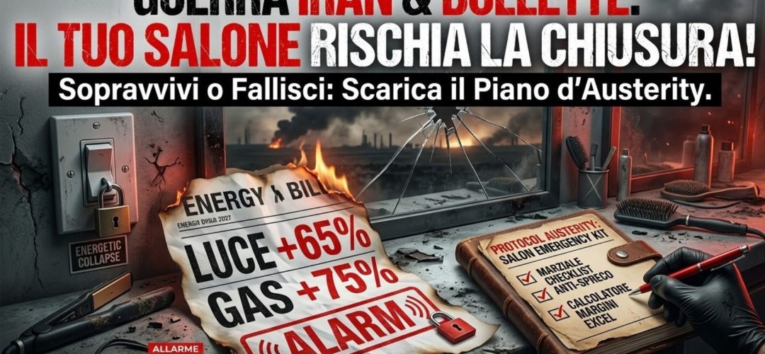 Un'immagine drammatica e fotorealistica di un salone di parrucchiere in rovina, che unisce lo scenario di un'attività commerciale con l'emergenza finanziaria e la crisi globale. In sovraimpressione, un grande testo rosso e nero recita: "GUERRA IRAN & BOLLETTE: IL TUO SALONE RISCHIA LA CHIUSURA!". Al centro, un'enorme bolletta energetica cartacea stropicciata ebruciata mostra i loghi "ENERGY BILL", "EMERGENCY BILL", le percentuali "LUCE +65%", "GAS +75%", e un grande timbro rosso "ALARM", ed è parzialmente in fiamme. Sulla destra, un manuale tattile e invecchiato, che sembra pelle e carta, ha il titolo "PROTOCOL AUSTERITY: SALON EMERGENCY KIT". Il manuale mostra un elenco puntato con checkmark, tra cui "MARZIALE CHECKLIST ANTI-SPRECO" e "CALCOLATORE MARGINI EXCEL". C'è un'etichetta del prezzo di "9.99€". Una mano con un guanto nero tiene una penna rossa, pronta a spuntare le voci. Accanto ci sono strumenti da salone come spazzole, asciugacapelli e flaconi, ora dusty. Sulla sinistra, una parete di cemento grezza con un interruttore generale e un lucchetto su cui è scritto "ENERGETIC COLLAPSE". Lo sfondo, visibile attraverso una finestra con vetri rotti e fumo all'esterno, suggerisce un conflitto o un disastro in lontananza. In basso a sinistra, il logo "MDP REDAZIONE" con un piccolo "ALLARME" sopra.