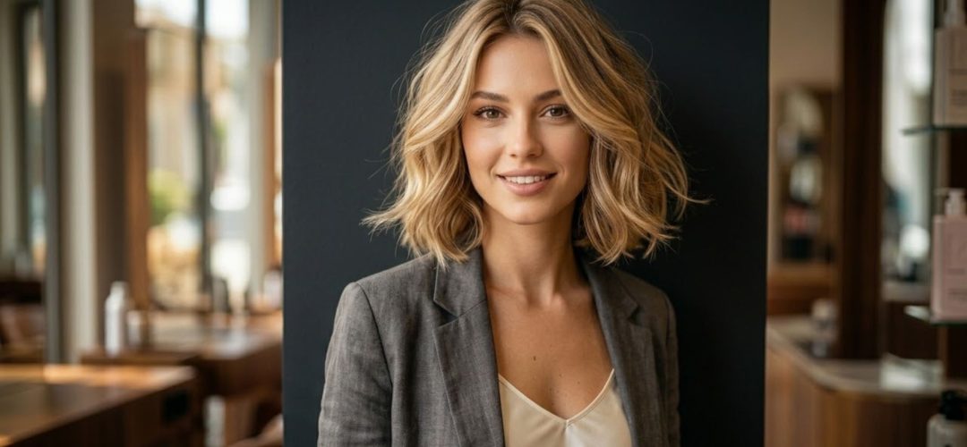 Modella con Soft Airy Bob biondo sabbia che mette in risalto i lineamenti del viso, ambientazione salone professionale moderno.