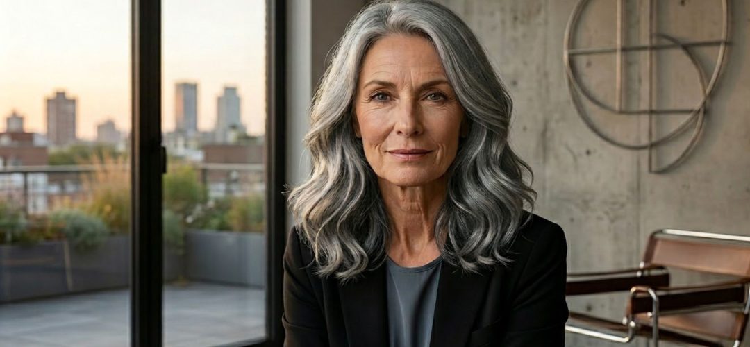 RITRATTO ravvicinato iper-realistico di una donna matura over 50 con viso tondo, capelli grigi voluminosi e mossi in un lob moderno, che guarda direttamente la telecamera. Indossa un blazer nero in un lussuoso ambiente salone con profondità e contrasto tra pareti scure e scaffali in legno.