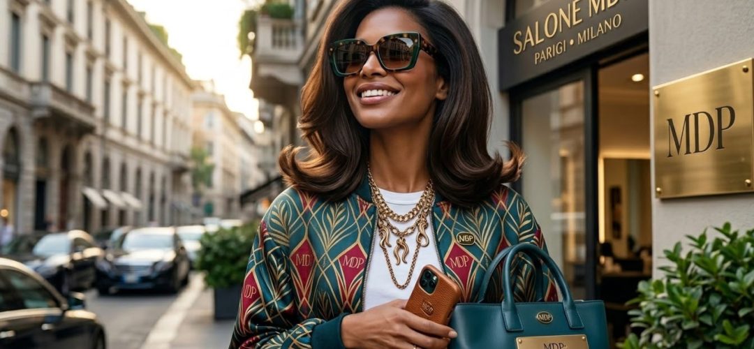 Primo piano iper-realistico di una modella con taglio Midi Flick castano cioccolato, caratterizzato da volume lussuoso alle radici e punte modellate verso l'esterno (flicked ends), in perfetto stile Old Money. Indossa occhiali tartarugati con accento verde e una giacca MDP monogramma, in posa davanti a un salone di lusso.