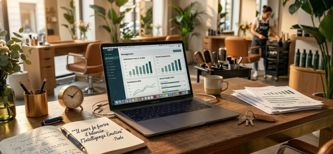 Laptop su una scrivania di legno con grafici gestionali in un salone di bellezza moderno e notebook aperto con citazione sull'intelligenza emotiva.