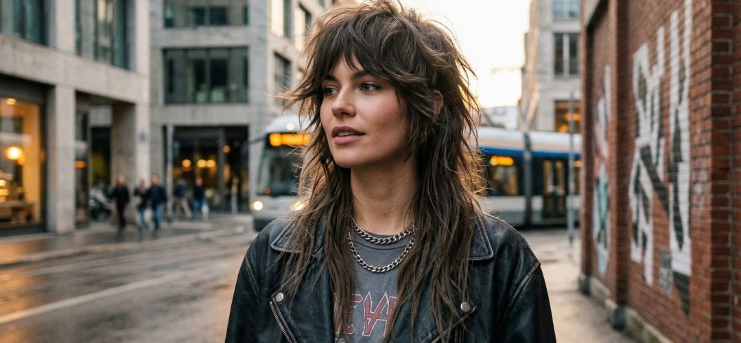 Modella con taglio Wolf Cut 3.0 disconnesso e giacca di pelle nera in una strada urbana al tramonto.