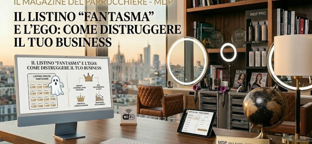 Un'inquadratura di un lussuoso studio editoriale e fotografico per parrucchieri a Milano, con vista sul Duomo al tramonto. In primo piano, una scrivania con un computer e un tablet che mostrano contenuti su gestione e prenotazioni dei saloni.