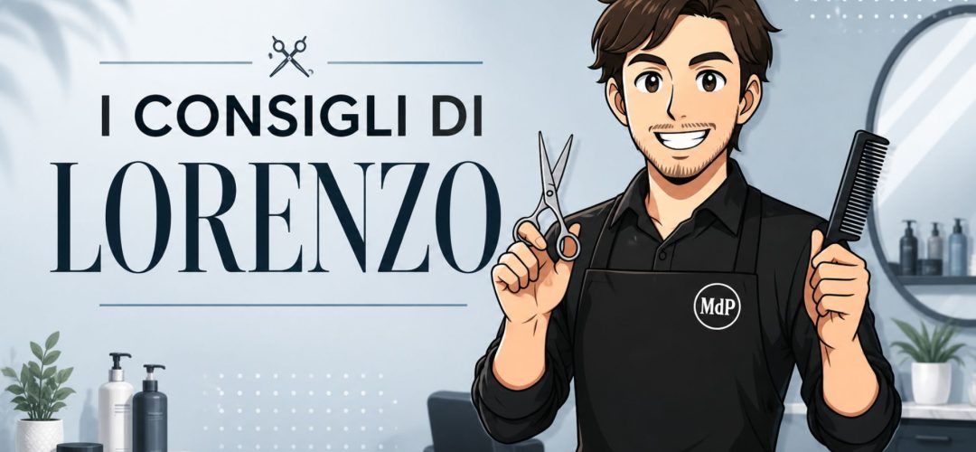 Copertina orizzontale con il titolo “I Consigli di Lorenzo” e illustrazione di Lorenzo, hairstylist MDP, con forbici e pettine in mano all’interno di un salone moderno.