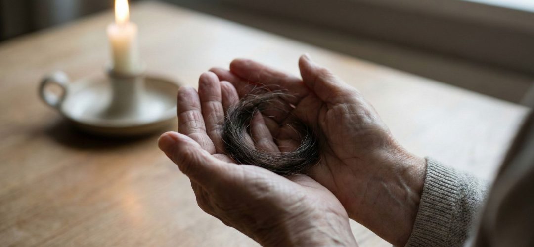Primo piano di mani anziane che custodiscono con rispetto una ciocca di capelli, con una candela accesa sullo sfondo sfocato. Simbolo di memoria e dignità per il Giorno della Memoria.