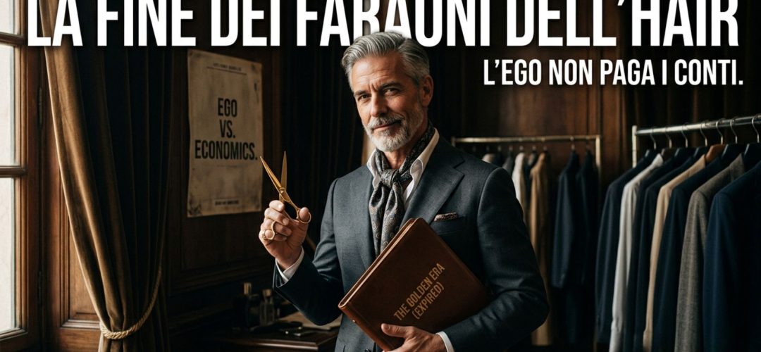 Un elegante hairstylist in abito scuro tiene in mano forbici d'oro e un portfolio di contratti scaduti, a simboleggiare la fine dei ricchi budget aziendali nel settore hair.