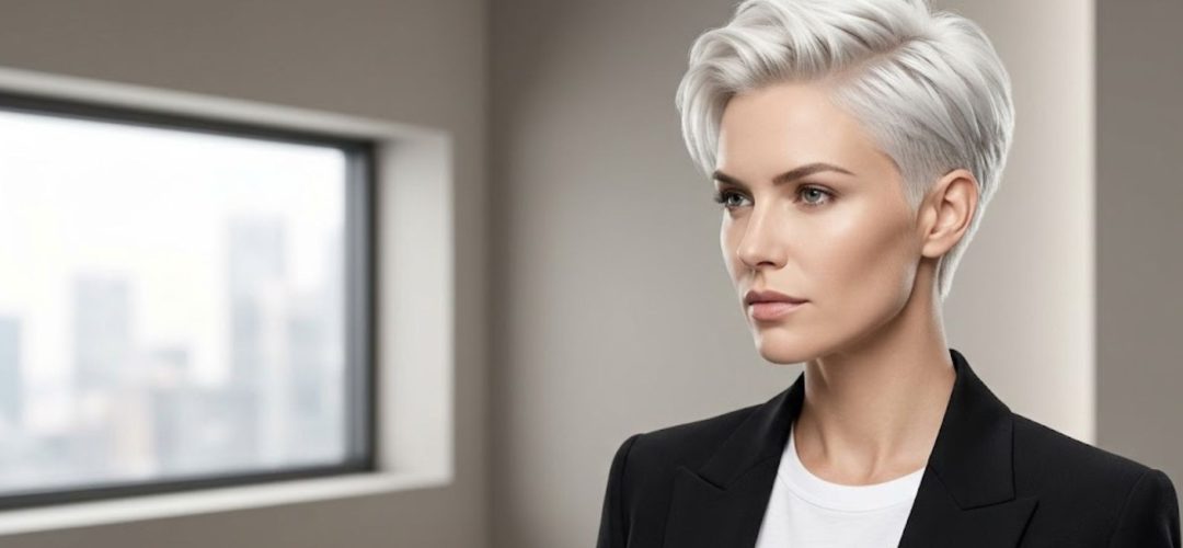 Primo piano di una donna con taglio corto Power Pixie platino, basette affilate e nuca sfumata, vestita con un blazer nero professionale.