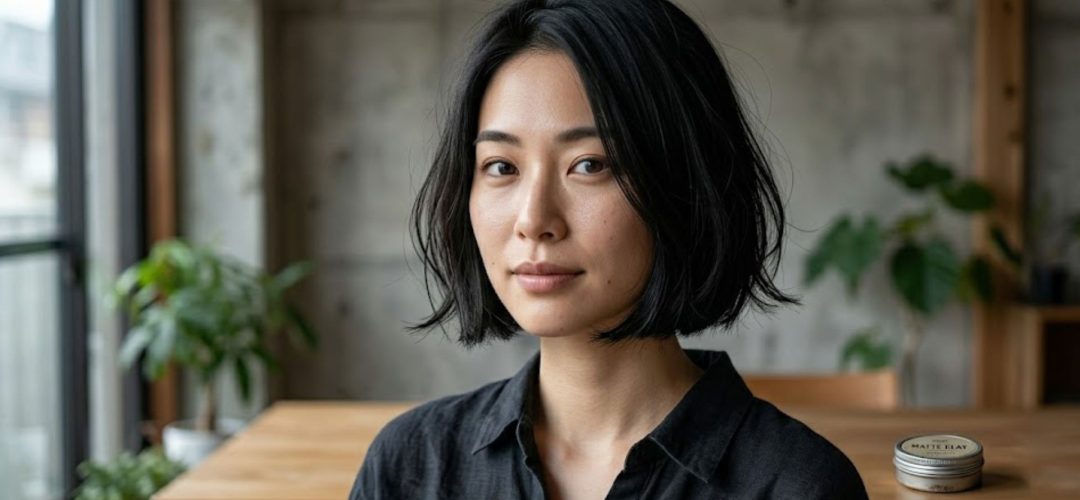 Ritratto fotografico di una giovane donna asiatica con capelli neri corti a caschetto, che indossa una camicia di lino nera, seduta a un tavolo di legno. Lo sfondo è un interno moderno e luminoso con un muro di cemento a vista e piante in vaso.