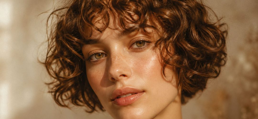 Un primo piano ravvicinato sognante che cattura l'essenza del Cherub Bob. La modella, con occhi verdi e lentiggini, mostra un caschetto corto e riccio castano naturale, illuminato da una luce solare calda e dorata (ora d'oro). I capelli sono voluminosi, soffici, perfettamente definiti e leggeri, incarnando un look etereo e romantico. Tendenze Capelli 2026 MDP.