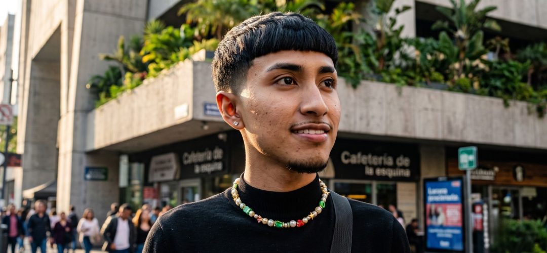 Ragazzo giovane con taglio di capelli stile Edgar cut, frangia geometrica dritta e sfumatura laterale alta, indossa una collana di perle colorate e un lupetto nero.