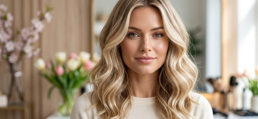Primo piano di una modella con capelli biondo Vanilla Chai, riflessi cremosi e luminosi, tendenza colore Pasqua 2026.
