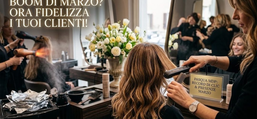 Interno di un salone di parrucchiere lussuoso e affollato durante il sabato di Pasqua, con hairstylist al lavoro su una cliente e un bouquet di fiori primaverili sullo sfondo.