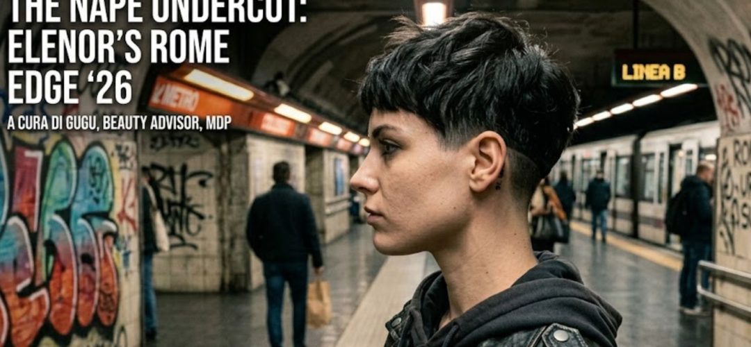 Modella con taglio corto Nape Undercut tecnico, vista laterale e posteriore in una stazione metropolitana underground di Roma. La nuca presenta una sfumatura millimetrica di precisione con tatuaggi minimalisti. Atmosfera urban ed editoriale.