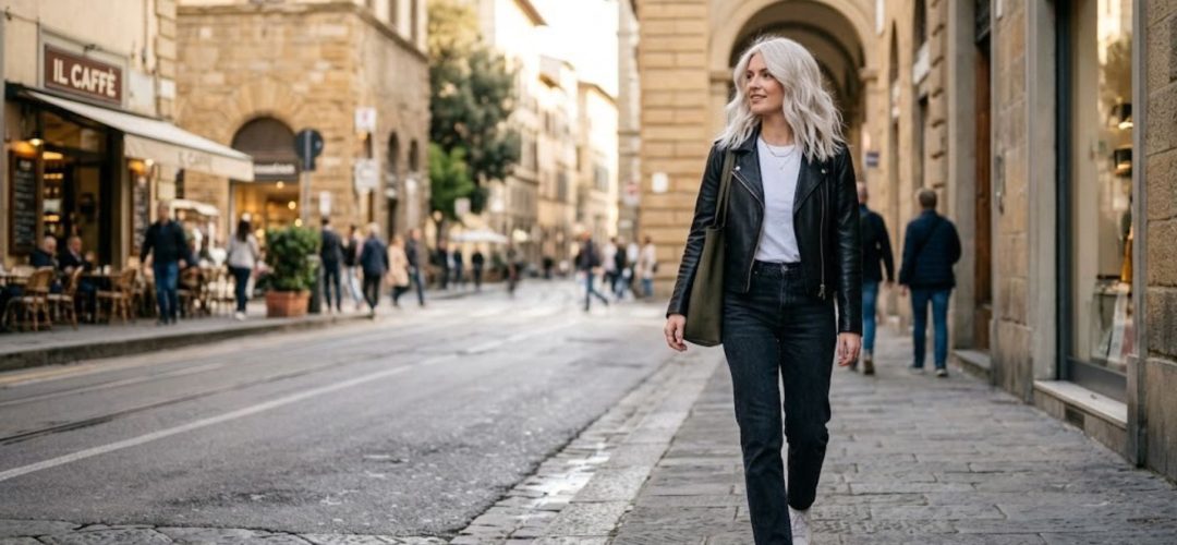 Una donna elegante con capelli biondi platinati mossi cammina sicura su un marciapiede acciottolato in una storica strada cittadina europea. Indossa una giacca di pelle nera, una t-shirt bianca, jeans scuri e sneakers bianche, con una borsa tote verde oliva. Lo sfondo mostra edifici antichi in pietra, negozi e altri pedoni.