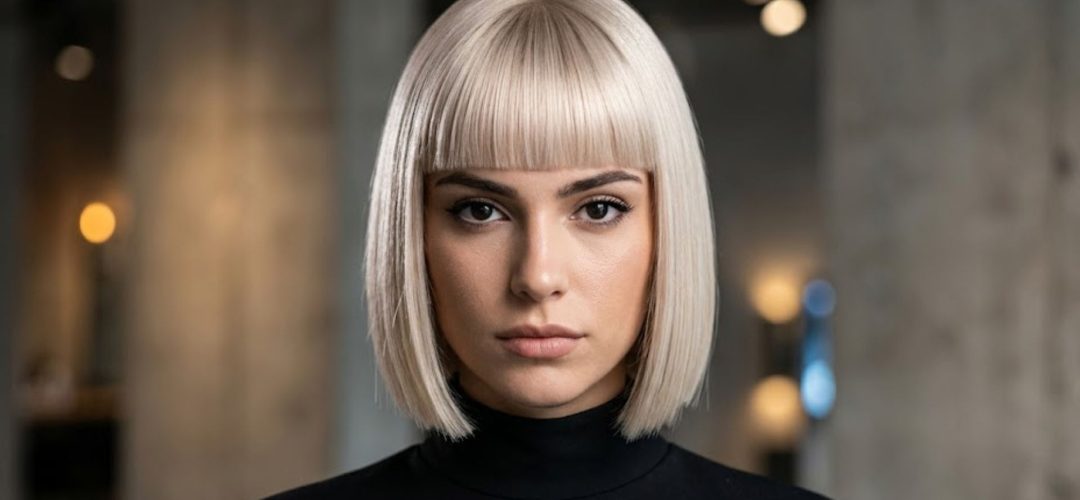 Primo piano iper-realistico di una modella con taglio Sharp Fringe millimetrico e colore biondo perla, con sguardo intenso e sfondo studio professionale.
