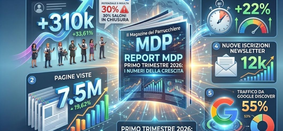 Infografica professionale del report Q1 2026 de Il Magazine del Parrucchiere con grafici di crescita, dati su utenti unici, pagine viste e l'impatto di Google Discover.
