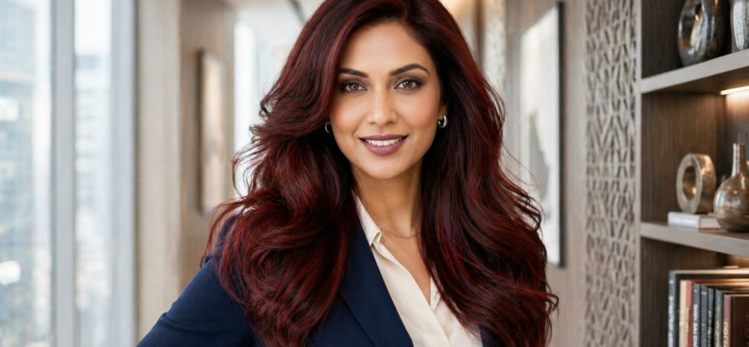Ritratto di una donna in ambiente professionale con capelli lunghi voluminosi, taglio Butterfly Cut e colorazione Burgundy Cherry Cola.