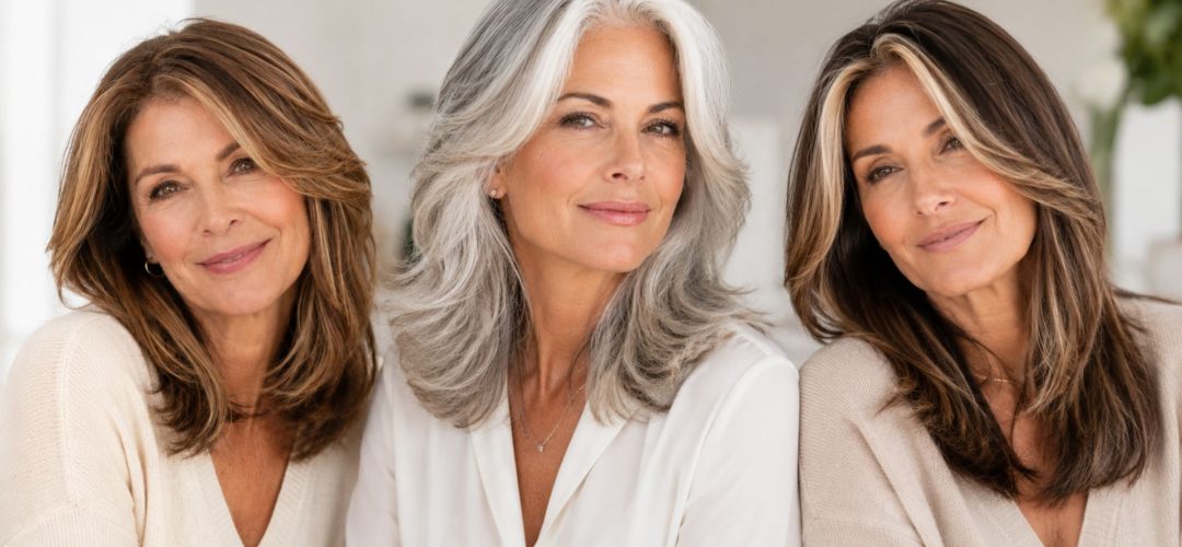 Tre donne over 50 con capelli valorizzati da tonalità calde, oyster grey e face framing luminoso.