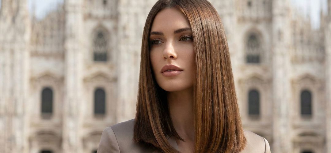 Donna con Long Italian Bob brunette caldo, liscio e glossy, in posa fashion davanti al Duomo di Milano. Capelli luminosi, taglio medio elegante e preciso, stile moderno.