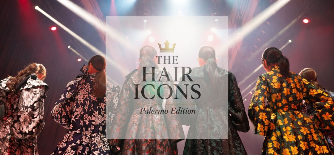 Hairstylist e modelle sul palco illuminato durante The Hair Icons Palermo Edition 2025, show di moda e acconciature alle Officine Sandron.