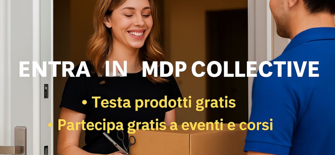Parrucchiera che riceve dal corriere un box regalo con prodotti professionali per capelli, simbolo delle collaborazioni gratuite offerte da MdP Collective 2026.