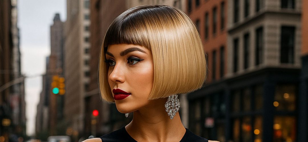 Modella con taglio Mini Glossy Bob corto e lucente, trucco deciso e orecchini eleganti, fotografata nelle strade di New York.