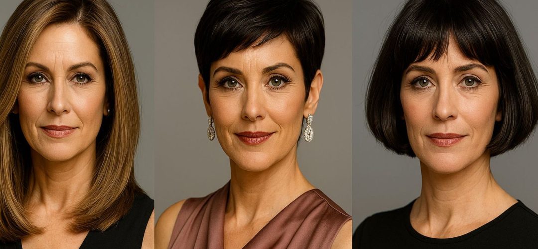 Tre donne over 40 con tagli long bob scalato, pixie cut elegante e french bob, in un salone moderno di Milano.