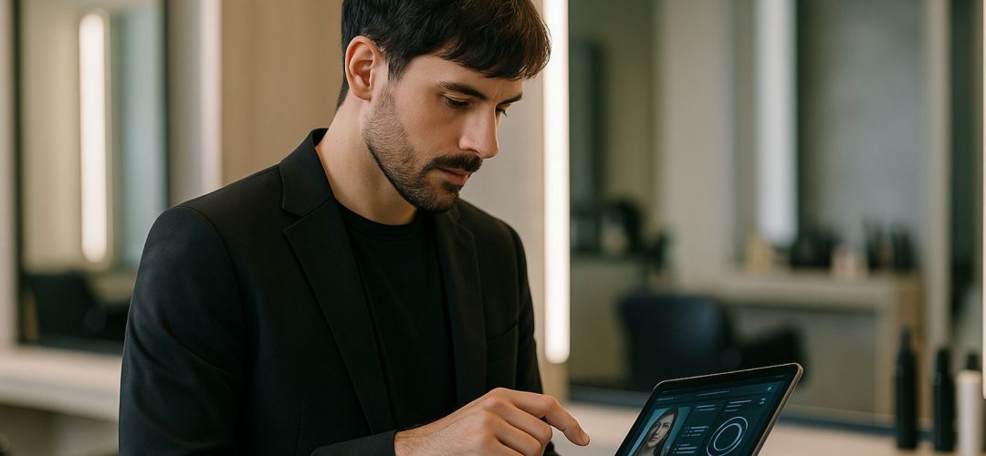 Parrucchiere moderno utilizza tablet AI in salone elegante, con luce naturale e atmosfera professionale.