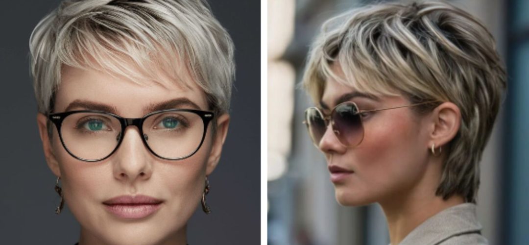 Due donne con tagli pixie moderni e capelli biondo freddo, una con occhiali da vista e una con occhiali da sole, mostrano due varianti eleganti del corto femminile.