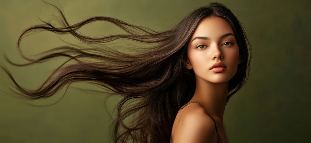 Modella con capelli castano naturale e riflessi luminosi, styling elegante e texture compatta, ispirazione brunette neutrale 2025.