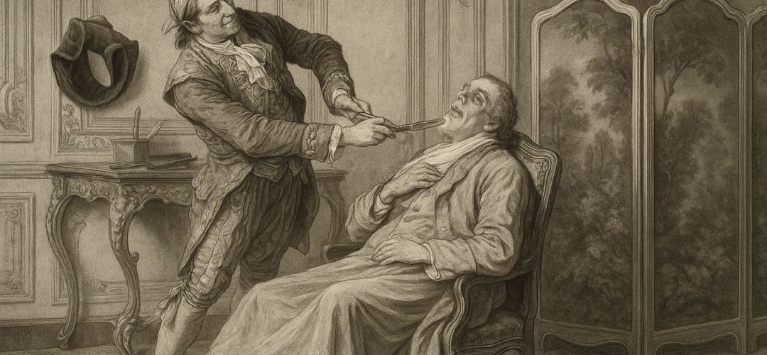 Incisione storica di un barbiere del Settecento che rade un cliente in un salone antico.