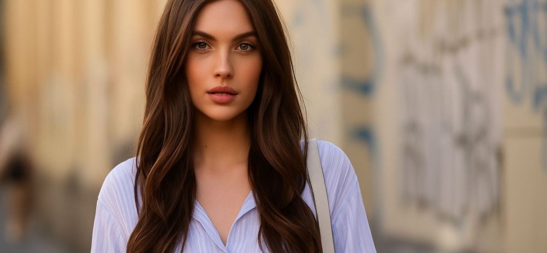 Modella con capelli Cappuccio Brunette, lunga piega naturale, ripresa in strada con sfondo sfocato.