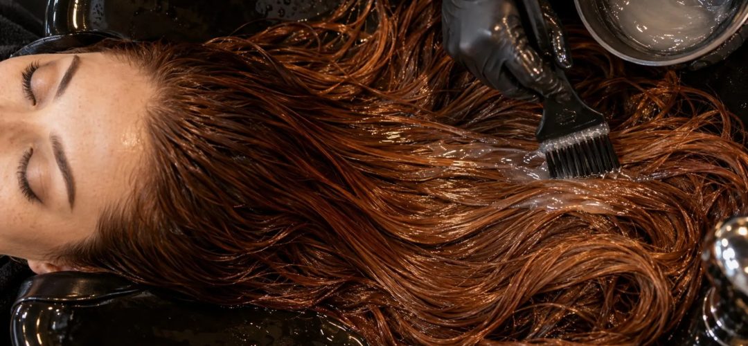 Capelli ramati lucidi durante il trattamento gloss di mantenimento in salone