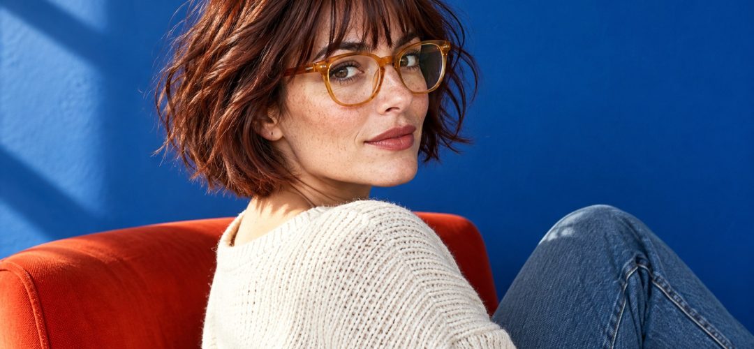 Frangia e occhiali: ritratto moda con taglio e montatura in armonia