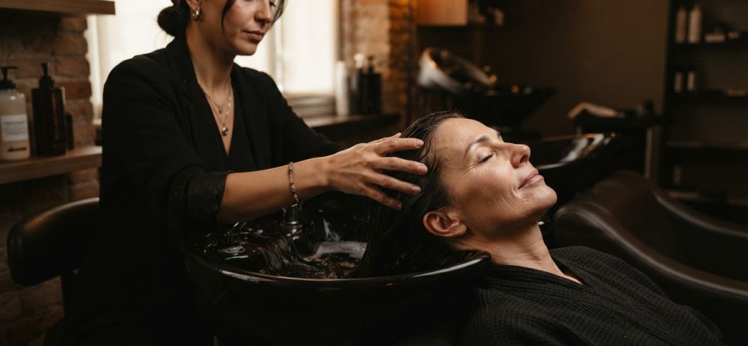 Trattamento professionale della cute al lavatesta con massaggio del cuoio capelluto in salone, immagine generata da AI