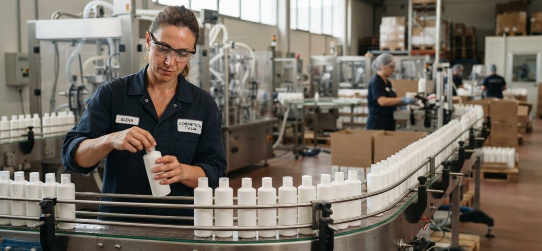 Produzione italiana di cosmetici professionali per capelli in stabilimento, immagine generata da AI