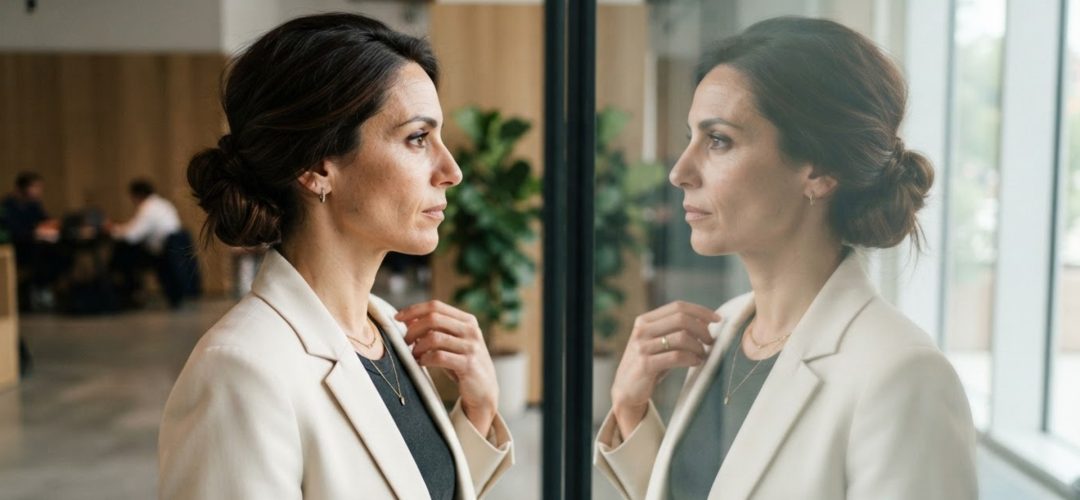 Donna con chignon basso elegante in ambiente di lavoro. Immagine generata da AI