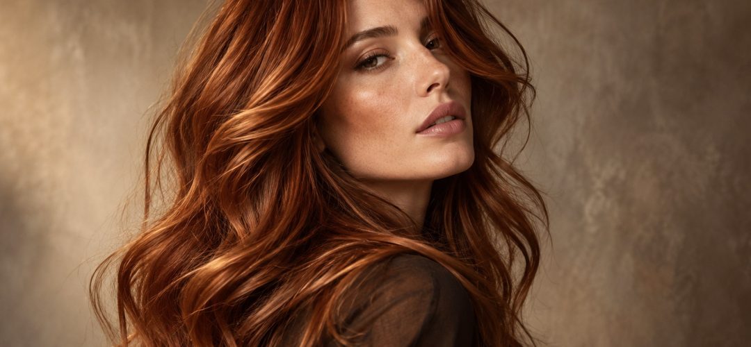 Modella con capelli ramati Auburn Spice lunghi e mossi, ritratto fashion editoriale, immagine generata da AI