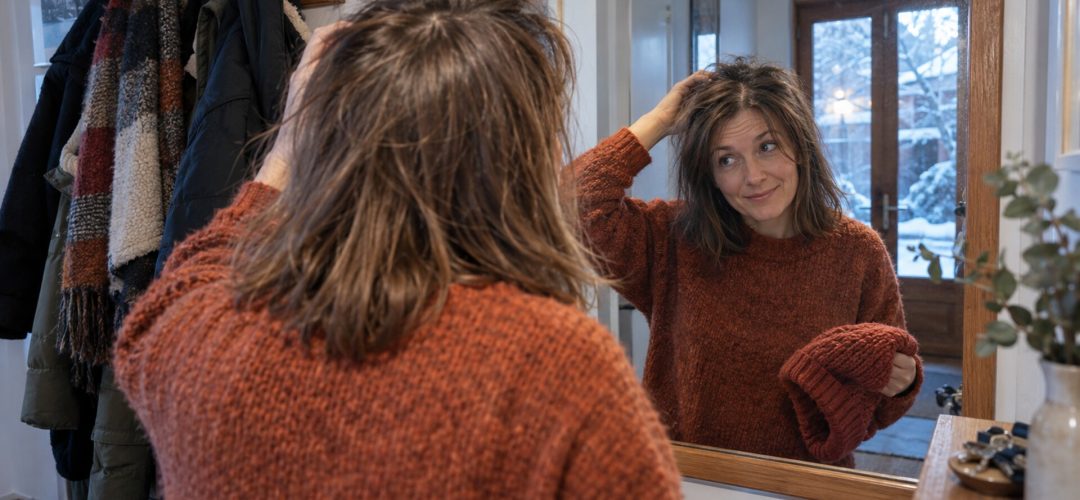 Cliente osserva allo specchio i capelli fini dopo aver tolto il berretto invernale.