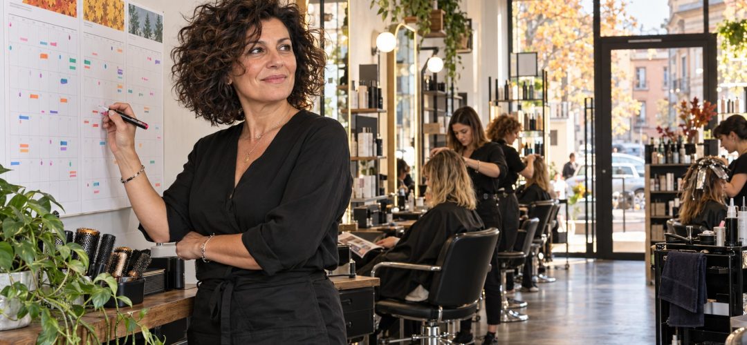 Titolare di salone pianifica ottobre, novembre e dicembre davanti al calendario con il team al lavoro
